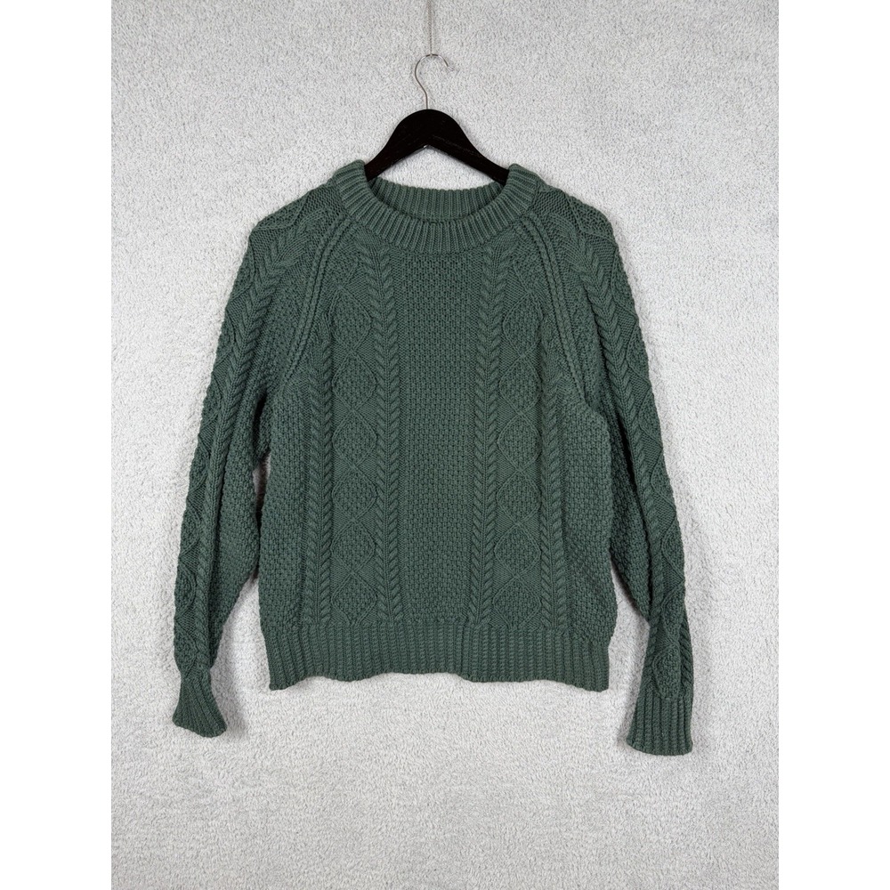 LL Bean Signature Sweater Women's Size L Green Cable‎ Knit 100% Cotton 297466